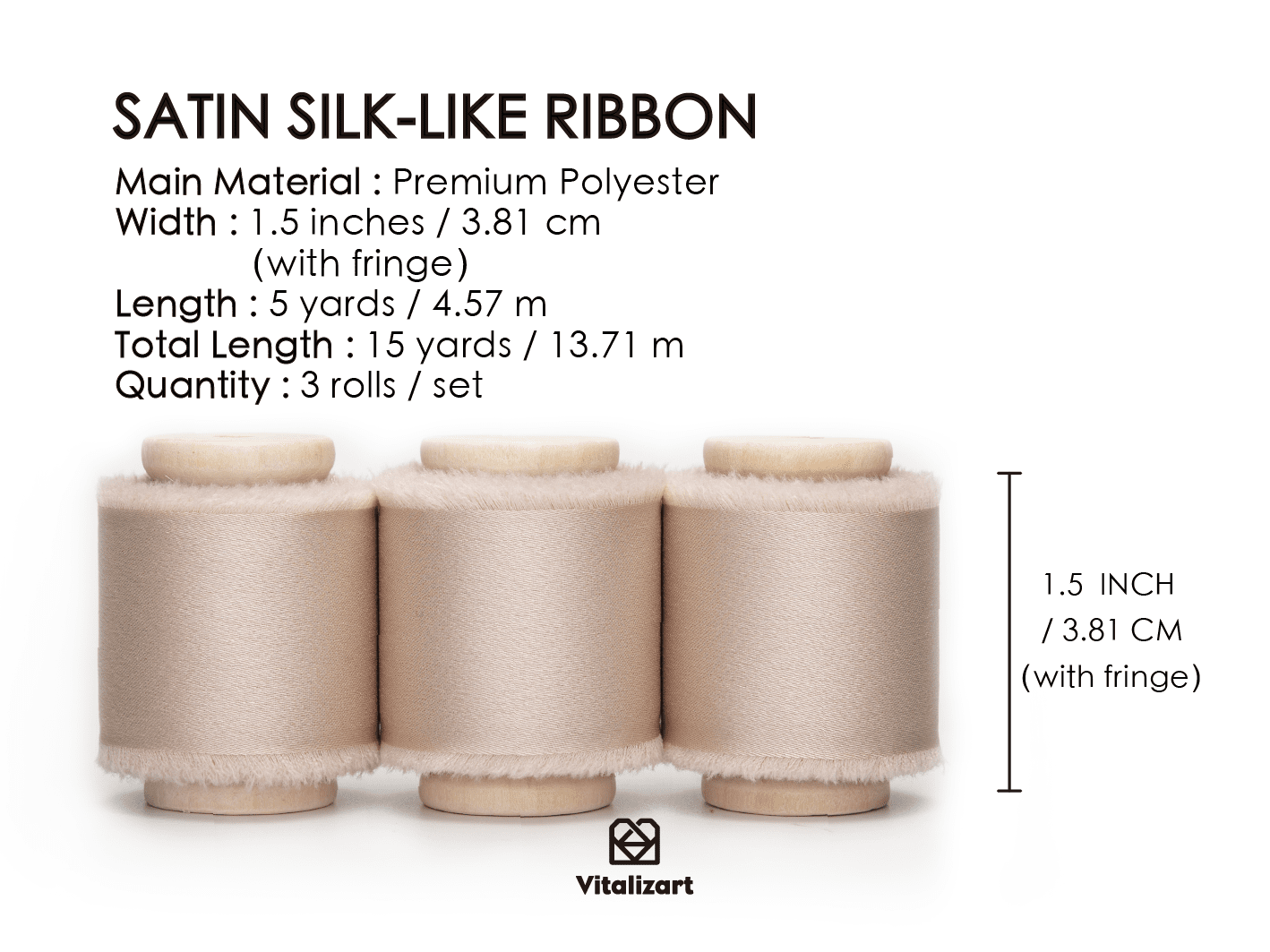 Silk Satin Ribbon with Wooden Spool 1.5” x 15 Yd (Light Nude) - Vitalizart