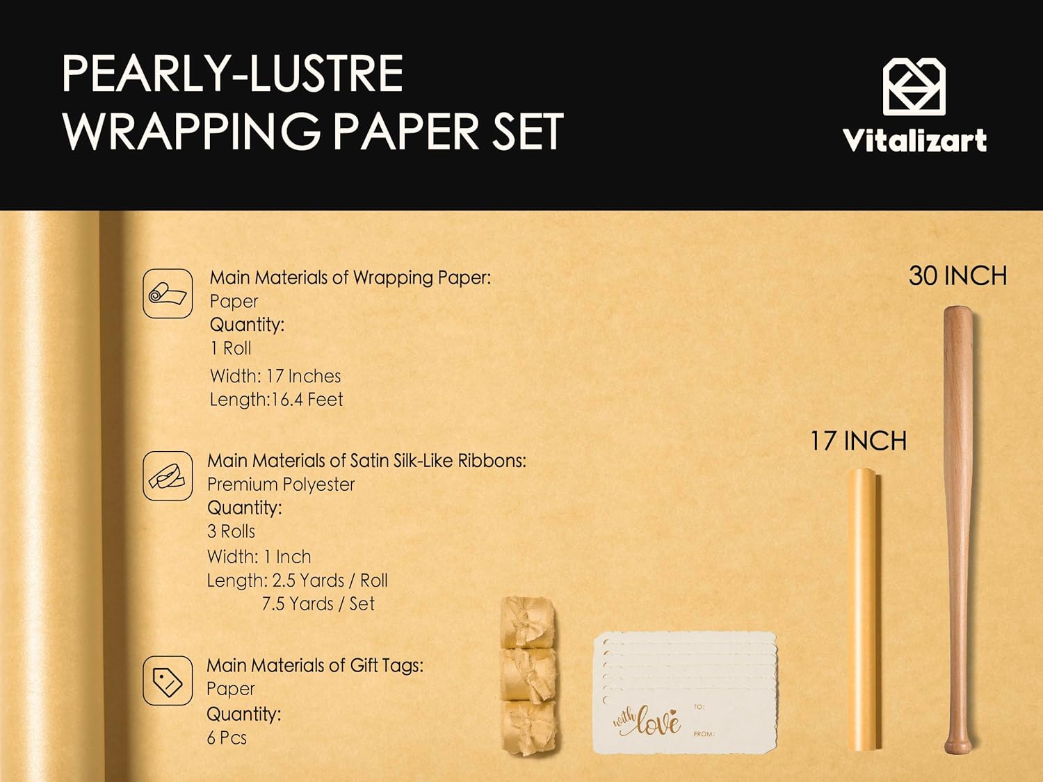 Wrapping Paper Set 17"x197" Pearly - Lustre With Silk Like Satin Ribbon & Gift Tags (Gold Paper & Gold Ribbons) - Vitalizart