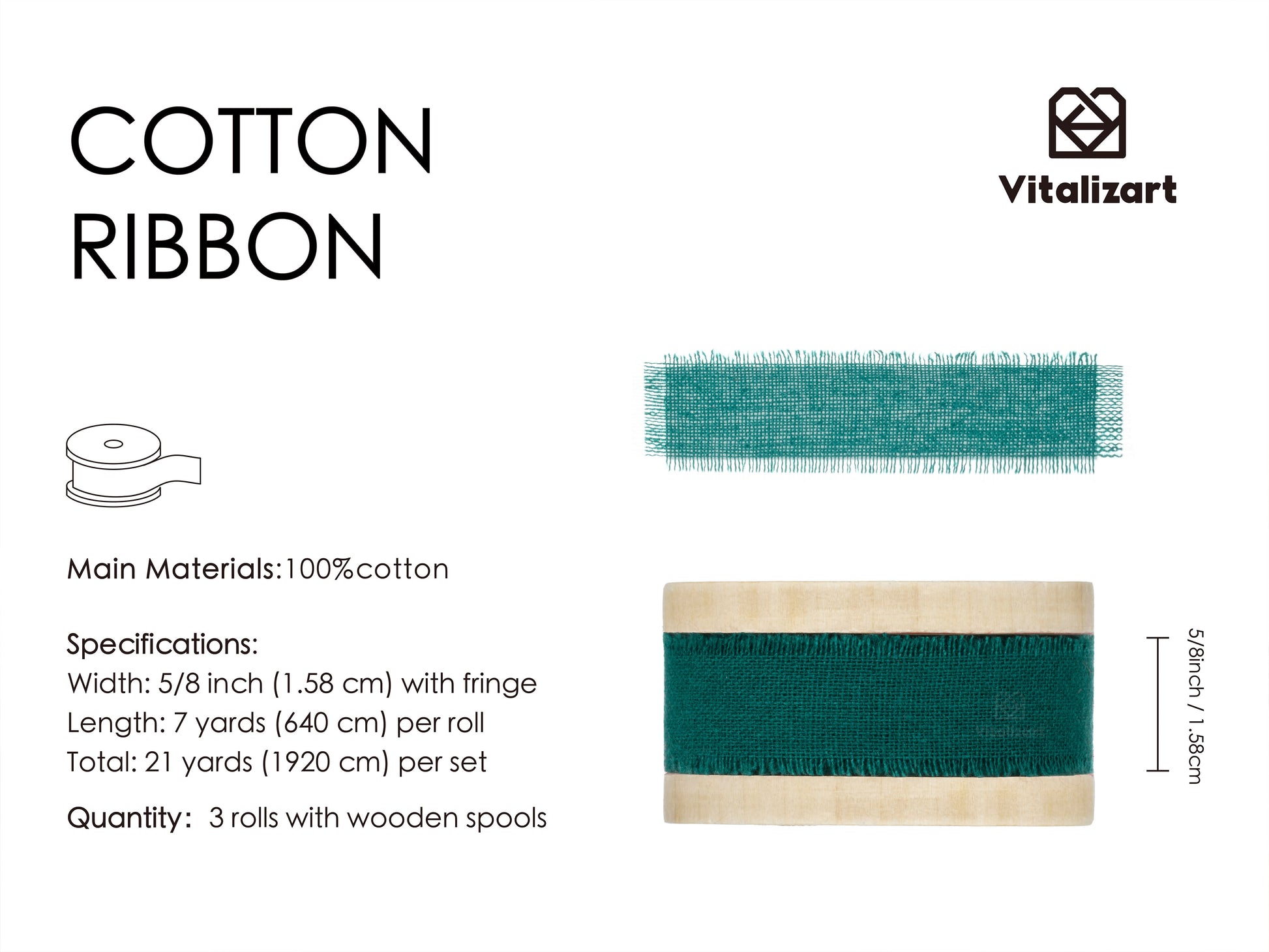 Cotton Ribbon Handmade Fringe 5/8" x 21 Yd (Dark Green) - Vitalizart