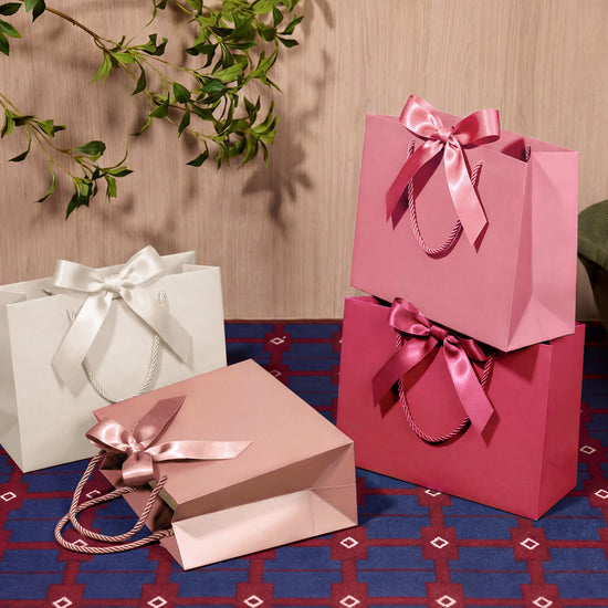 Vitalizart Paper Gift Bags With Ribbon Handles Set of 5 Pink Bulk Reusable For Gift Wrap 13" x10"x5"Large Size(PINK) - Vitalizart