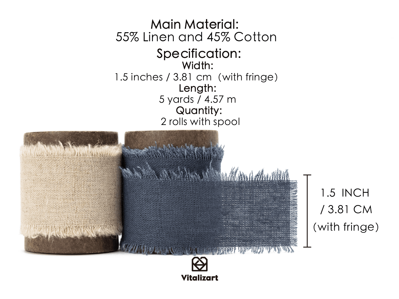 Cotton Linen Ribbon 1.5" x 10Yd (Beige & Blue) - Vitalizart