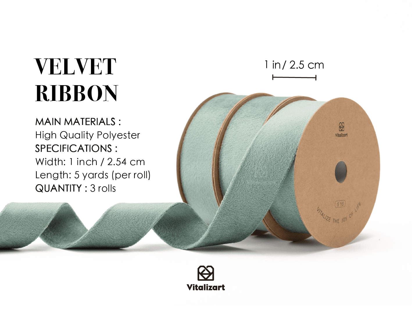Double Faced Velvet Ribbon Set 1" x 15 Yd (Dusty Green) - Vitalizart