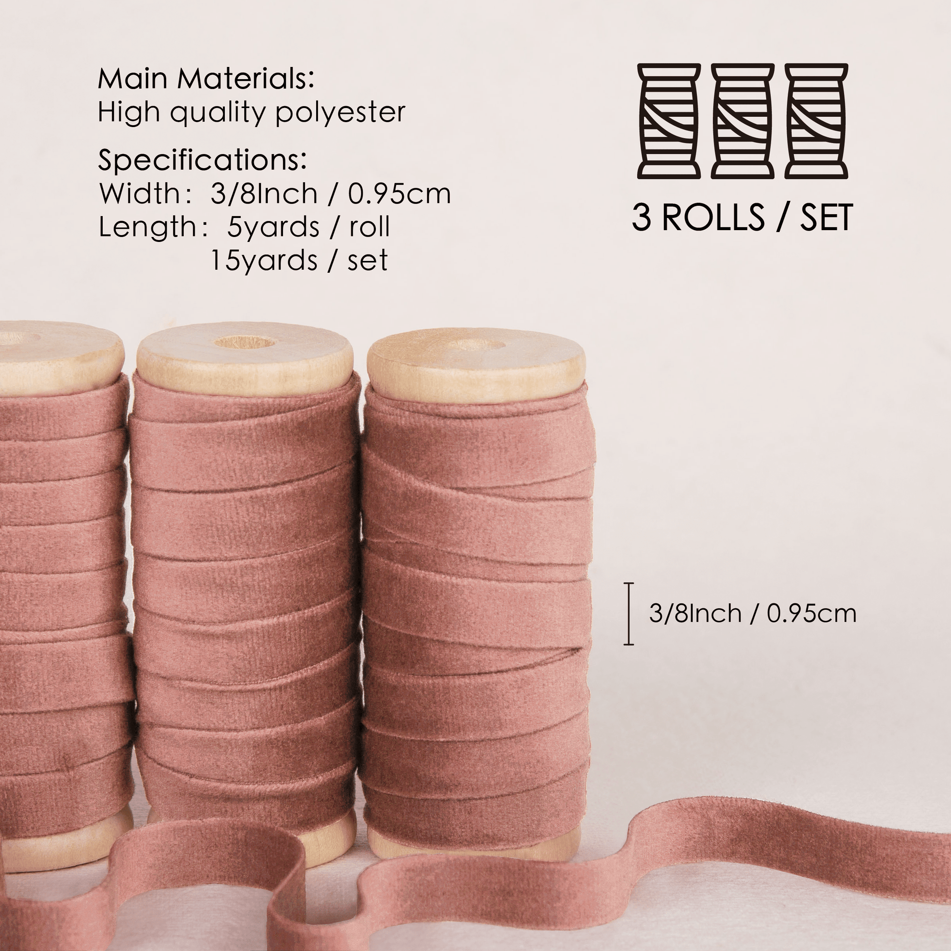 Velvet Ribbon With Wooden Spool 3/8" x 15 Yd (Rose Gold) - Vitalizart