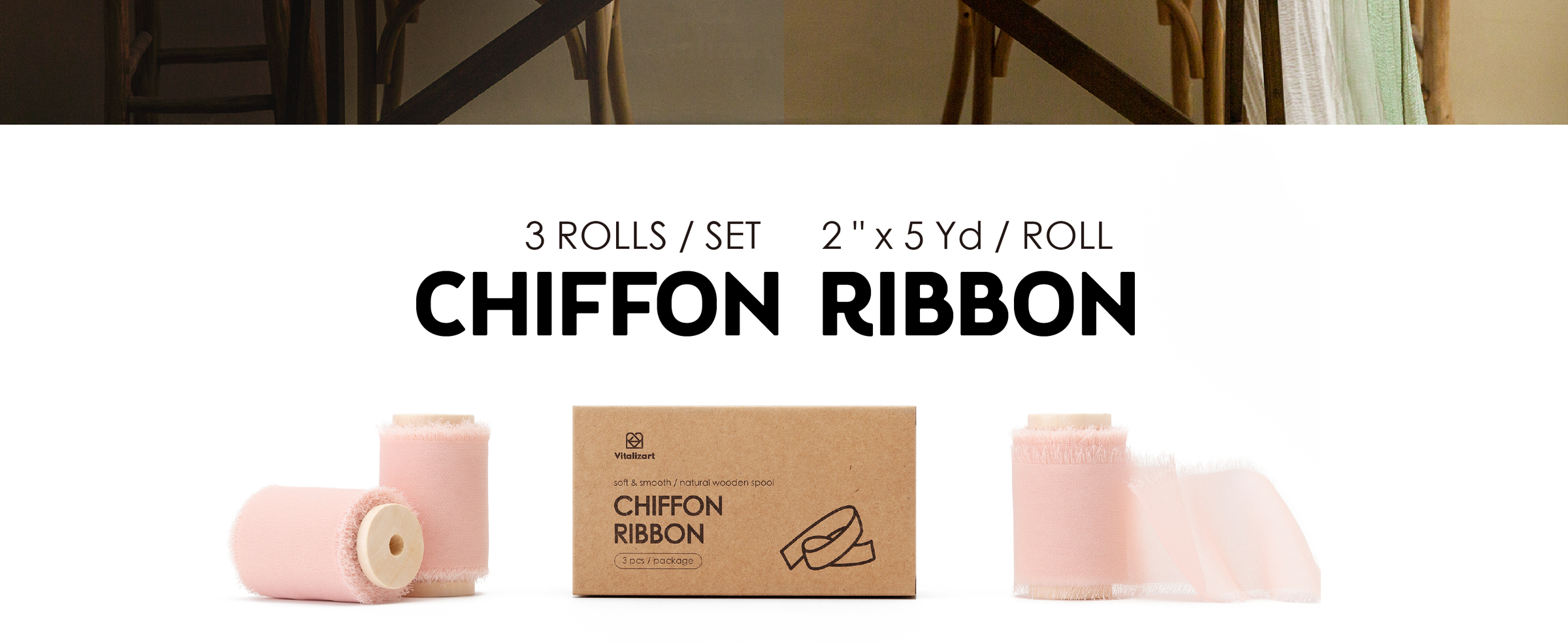 Three rolls of pale pink 2-inch chiffon ribbon with frayed edges on natural wooden spools.