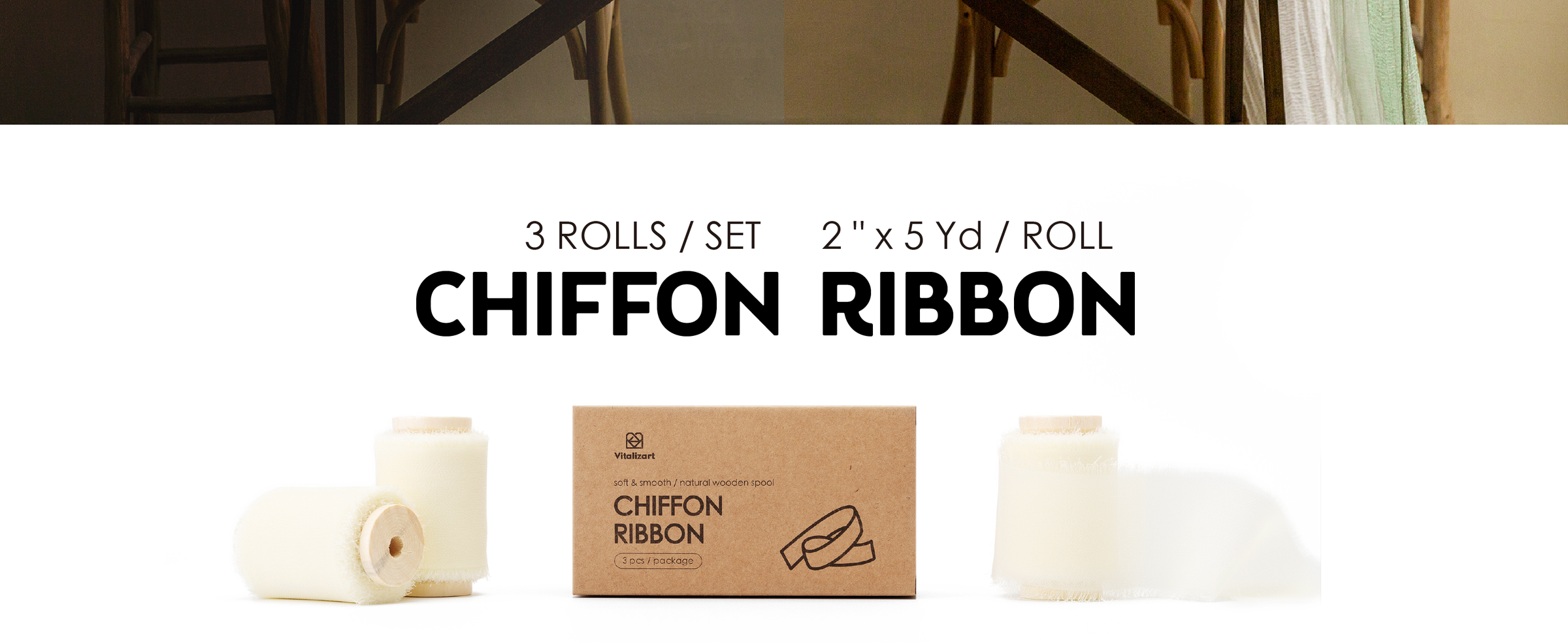 Three cream white chiffon ribbon rolls on wooden spools with kraft storage box