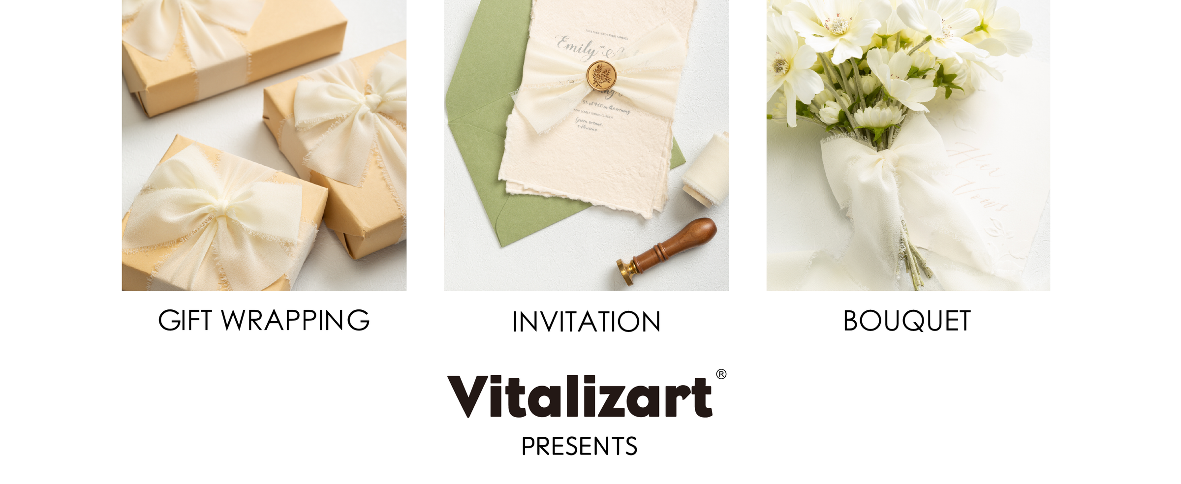 Cream white frayed-edge chiffon ribbon used on gifts, an invitation, and a flower bouquet