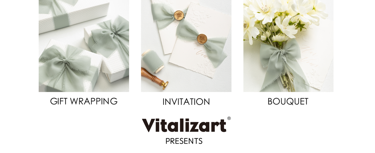 Dusty green chiffon ribbon used for gift wrapping, invitations, and a flower bouquet