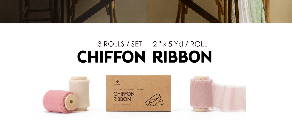 Three pink, mauve, and nude chiffon ribbon rolls on wooden spools beside their kraft package.