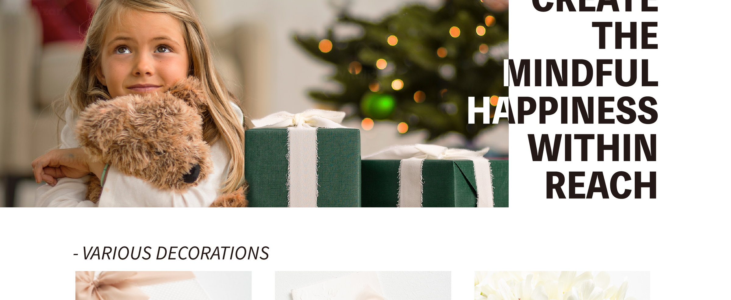 Girl hugging a plush dog beside a dark green gift wrapped with wide, frayed white chiffon ribbon.