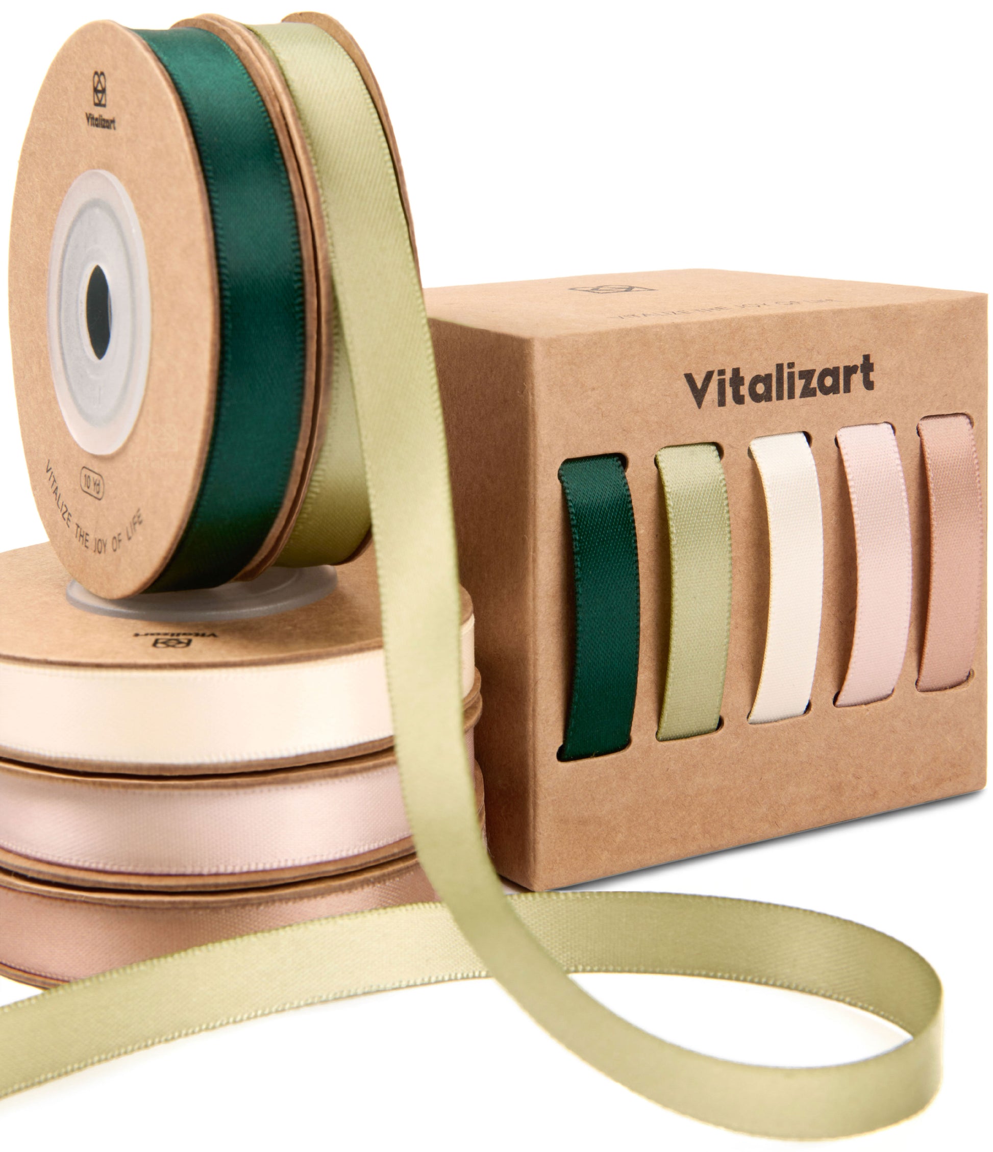 Double Face Satin Ribbon 3/8" x 50Yd (Green Nude White) - Vitalizart