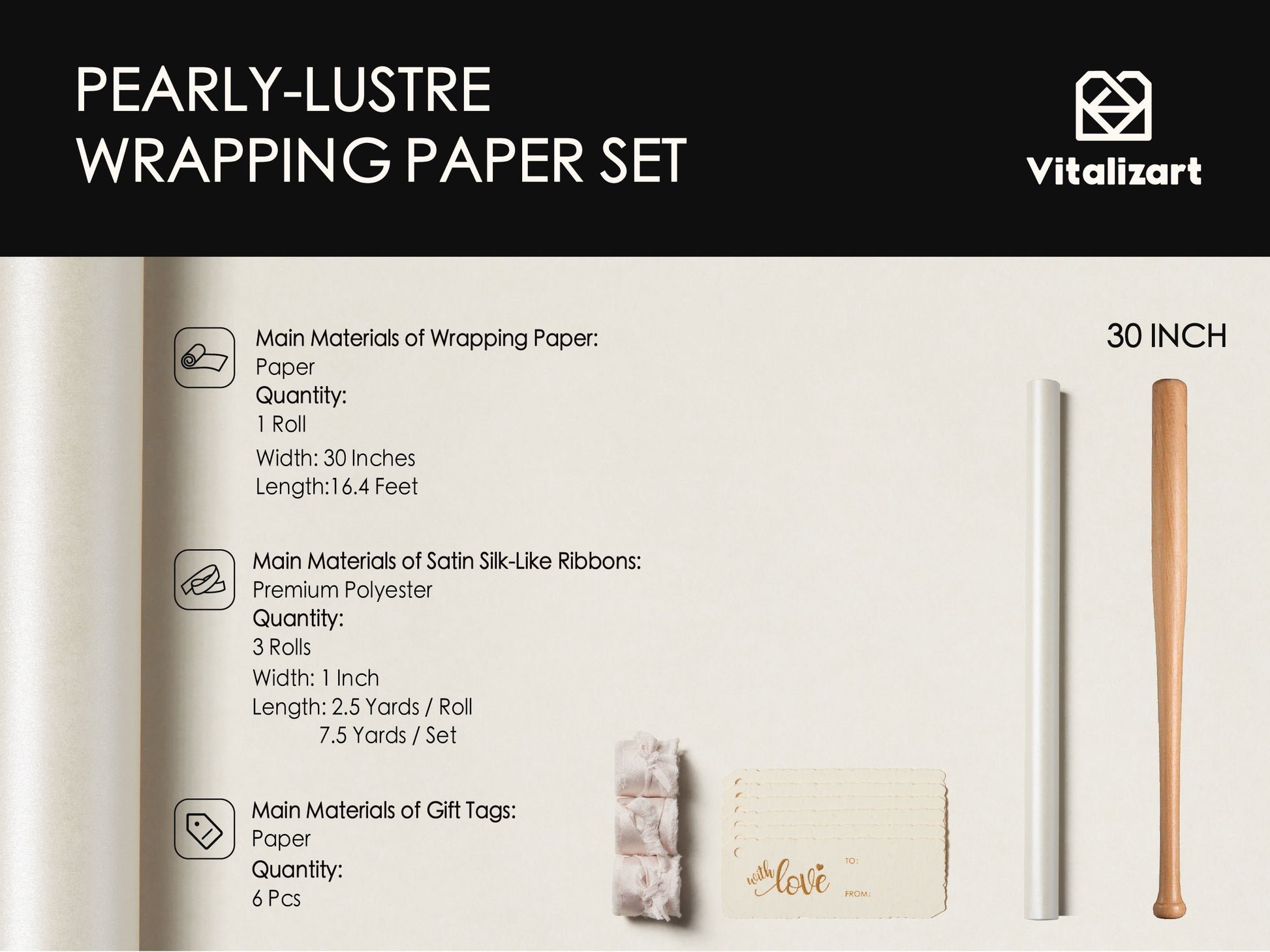 Wrapping Paper Set 30"x197" Pearly - Lustre With Silk Like Satin Ribbon & Gift Tags (White Paper & Light Nude Ribbons) - Vitalizart
