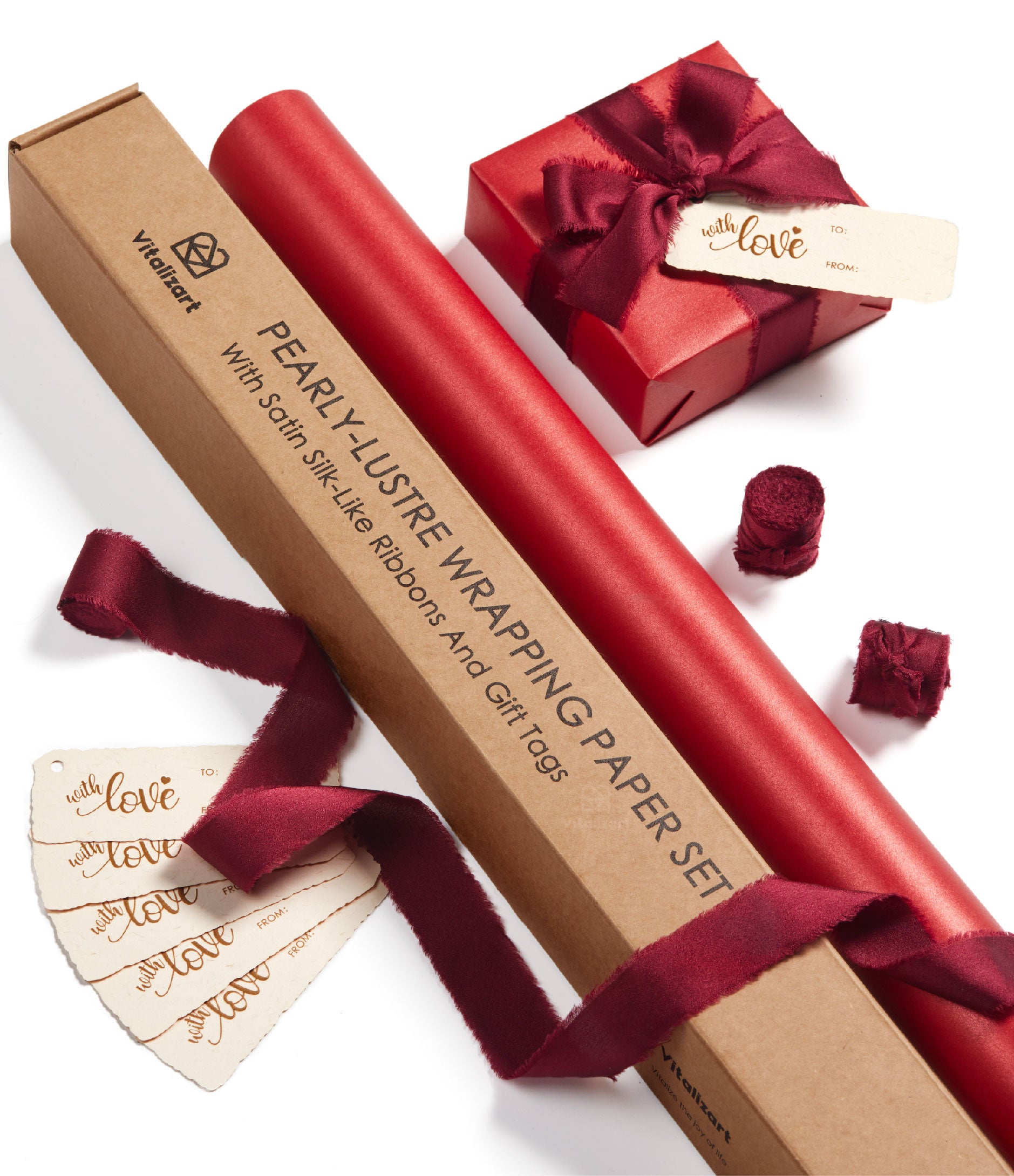 Wrapping Paper Set 30"x197" Pearly - Lustre With Silk Like Satin Ribbon & Gift Tags (Red Paper & Burgundy Ribbons) - Vitalizart
