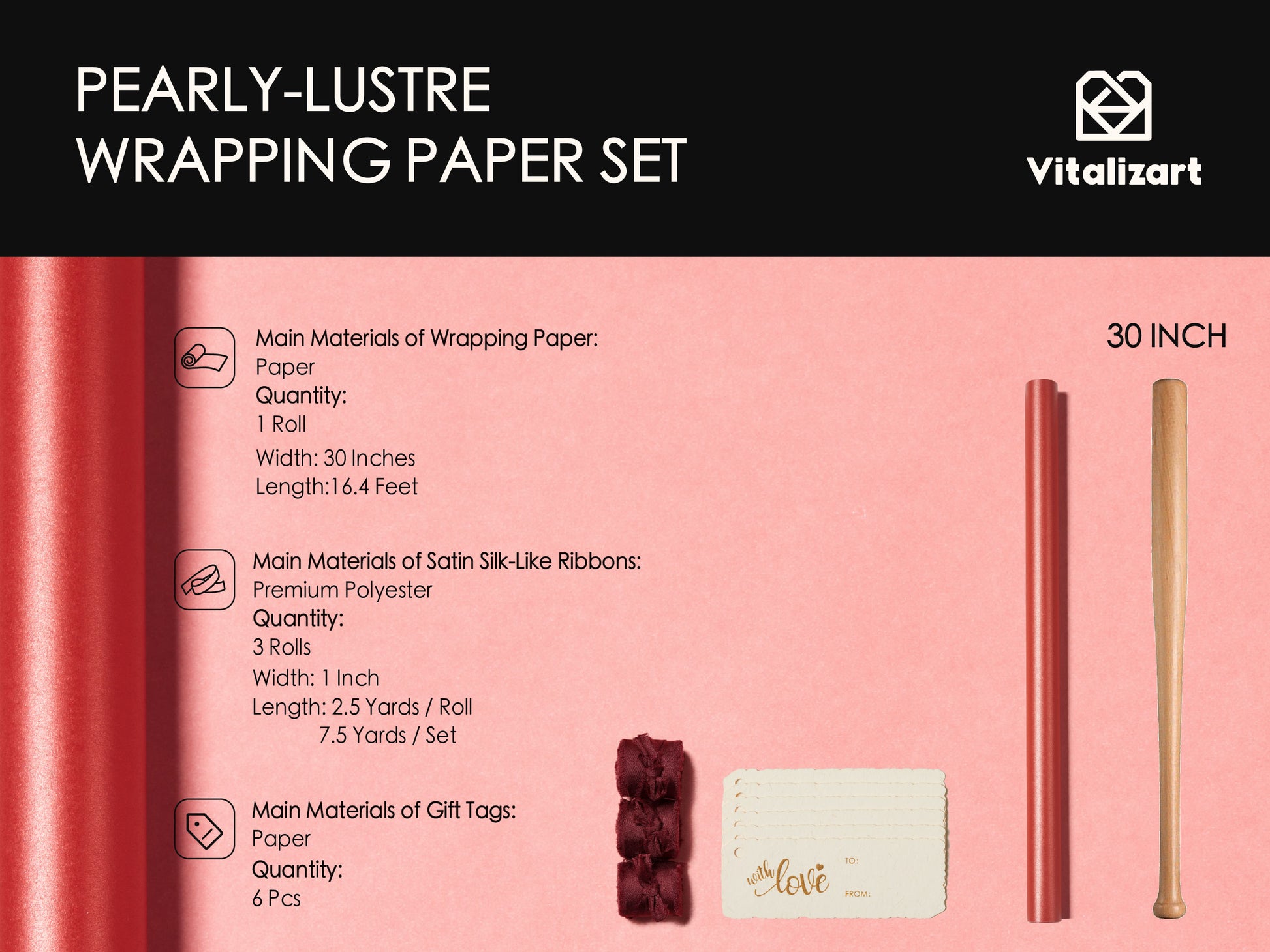 Wrapping Paper Set 30"x197" Pearly - Lustre With Silk Like Satin Ribbon & Gift Tags (Red Paper & Burgundy Ribbons) - Vitalizart