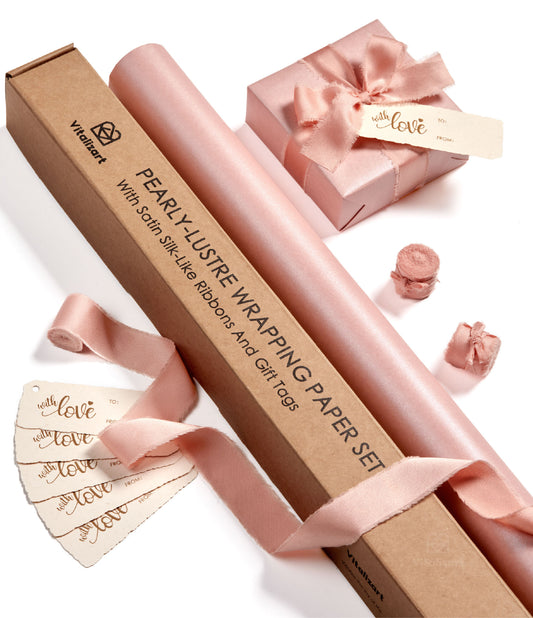 Wrapping Paper Set 30"x197" Pearly-Lustre With Silk Like Satin Ribbon & Gift Tags (Pink Paper & Pink Ribbons)
