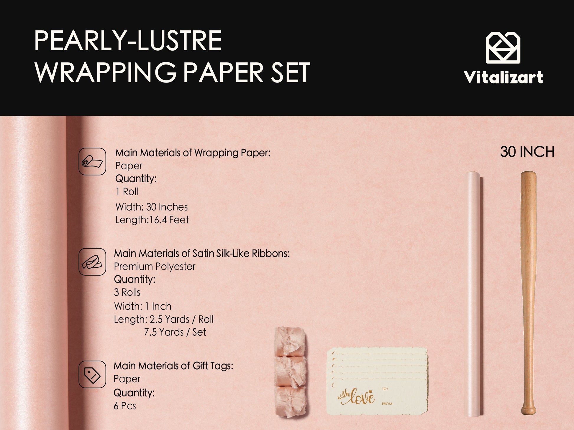 Wrapping Paper Set 30"x197" Pearly - Lustre With Silk Like Satin Ribbon & Gift Tags (Pink Paper & Pink Ribbons) - Vitalizart