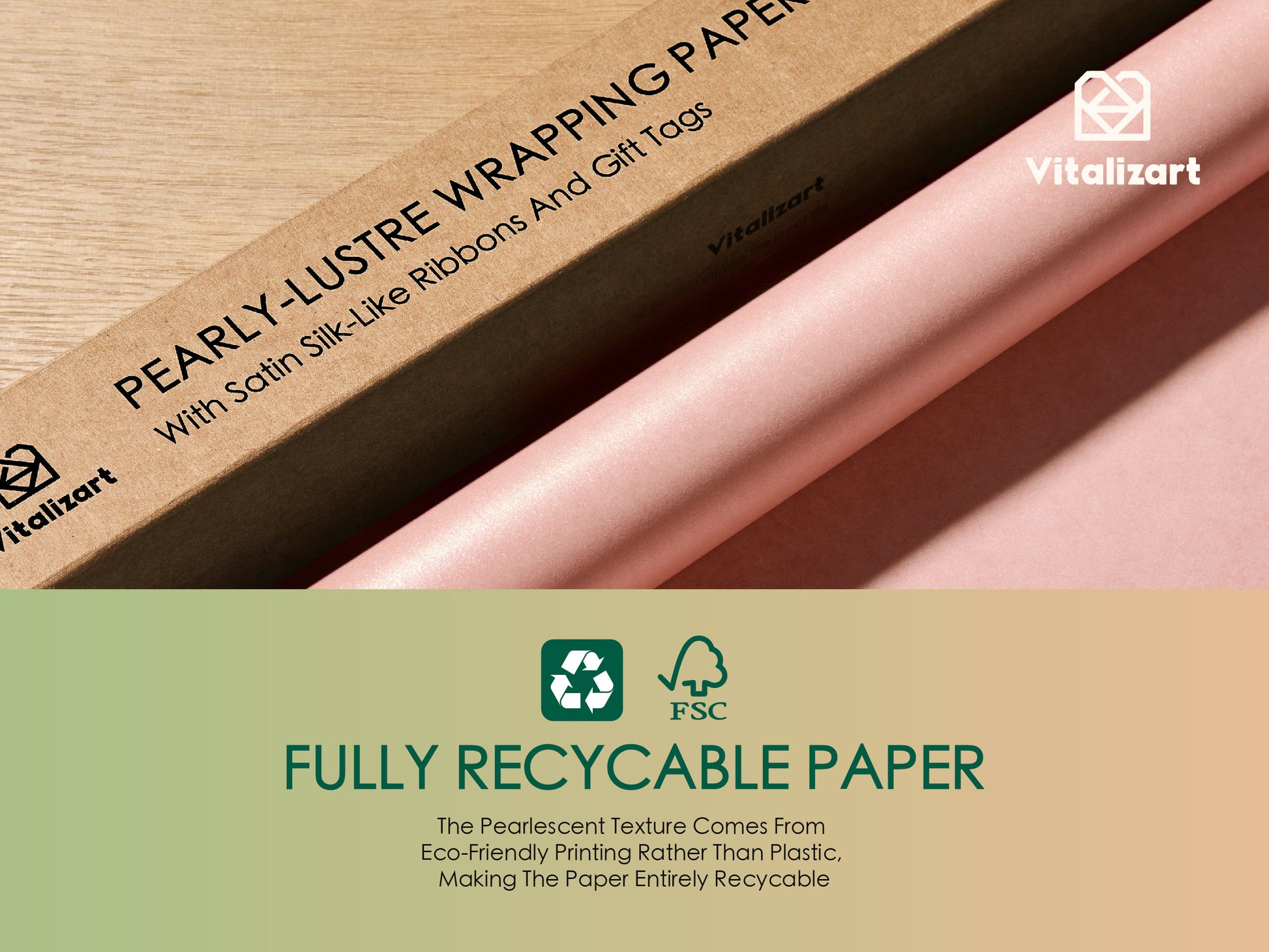 Wrapping Paper Set 30"x197" Pearly - Lustre With Silk Like Satin Ribbon & Gift Tags (Pink Paper & Pink Ribbons) - Vitalizart