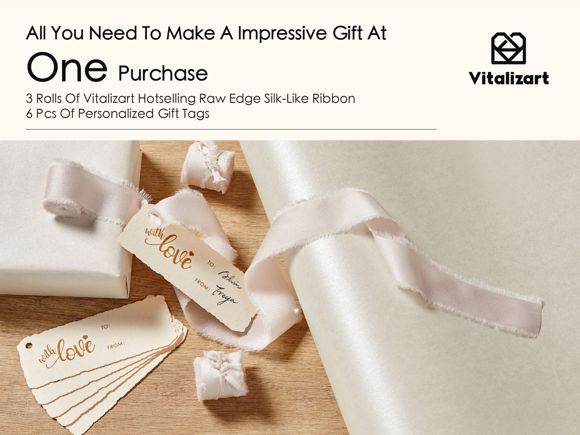 Wrapping Paper Set 30"x197" Pearly - Lustre With Silk Like Satin Ribbon & Gift Tags (White Paper & Light Nude Ribbons) - Vitalizart