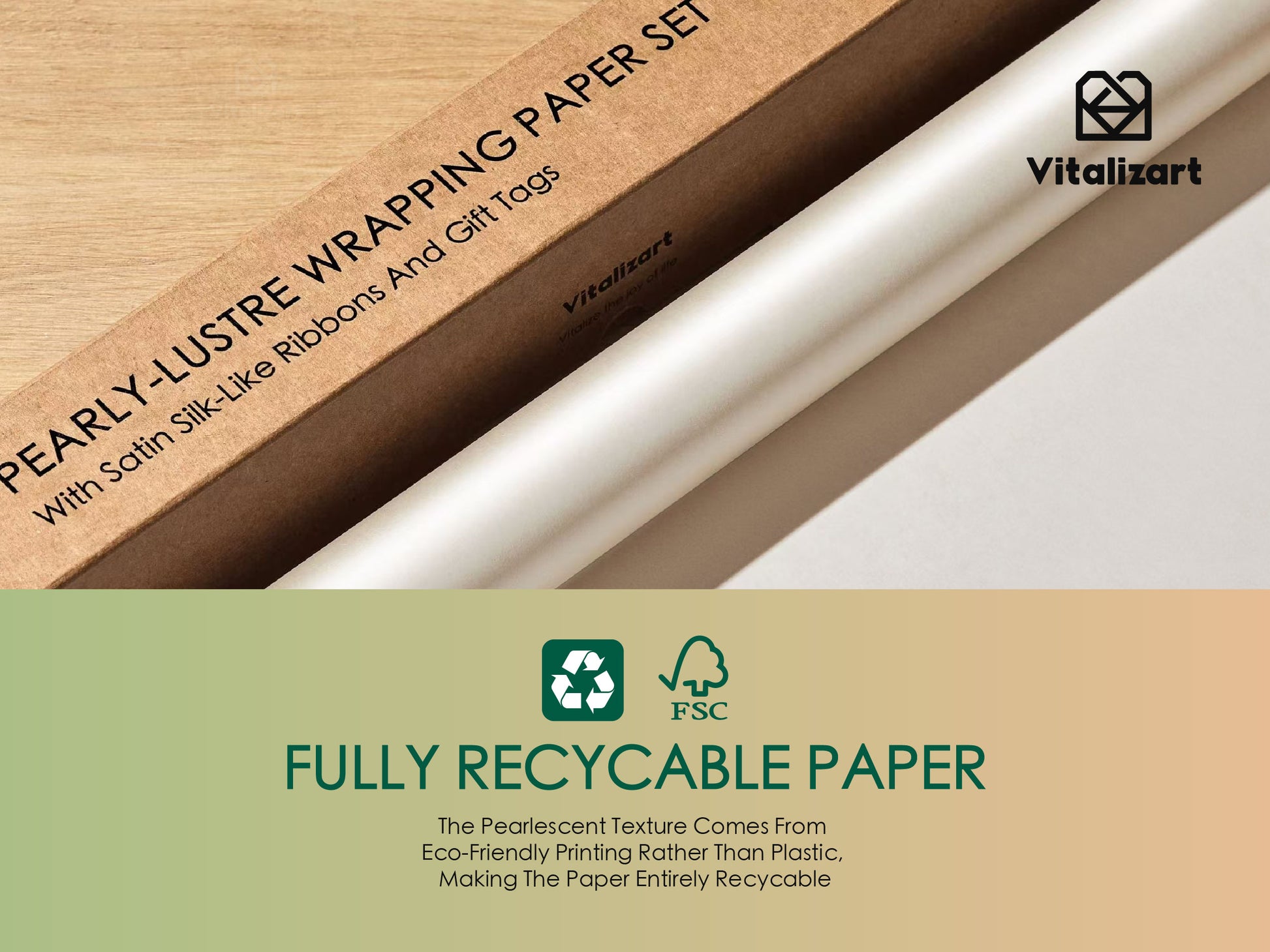 Wrapping Paper Set 30"x197" Pearly - Lustre With Silk Like Satin Ribbon & Gift Tags (White Paper & Light Nude Ribbons) - Vitalizart