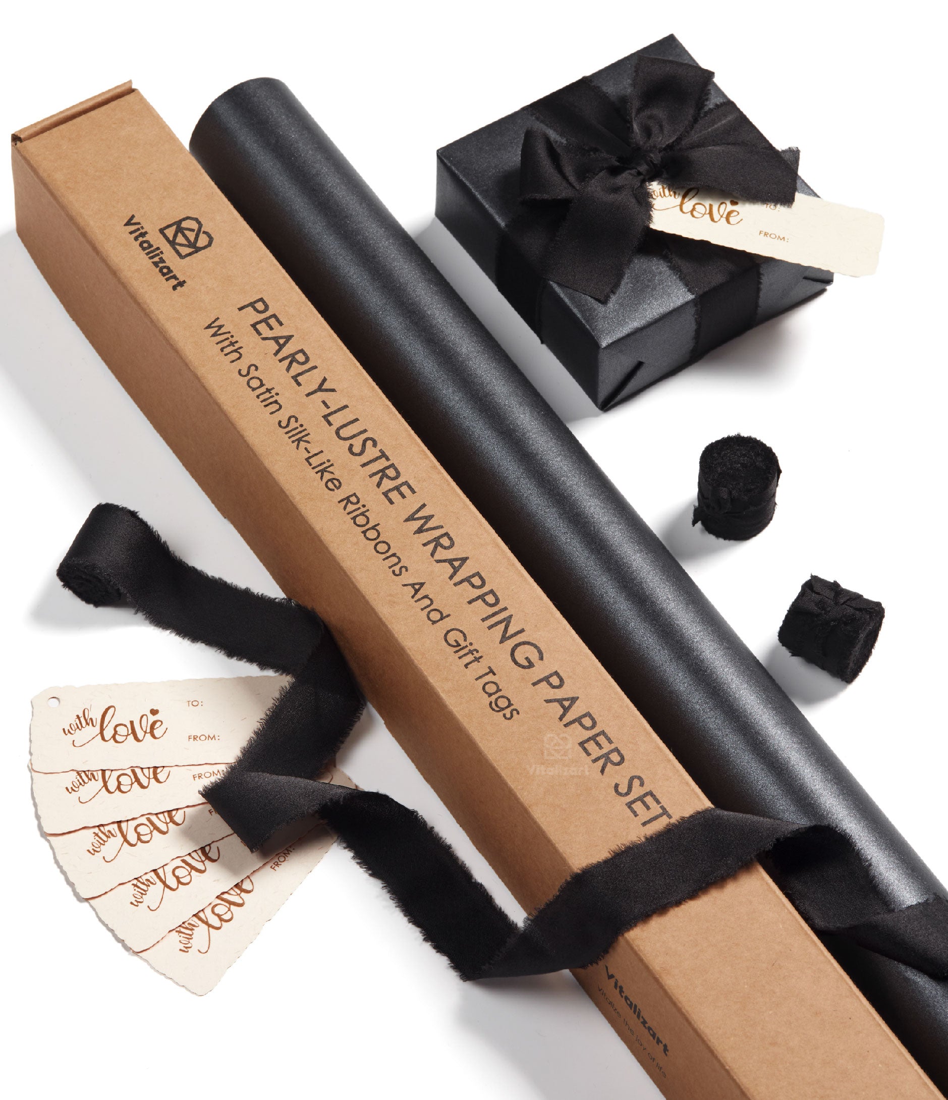 Wrapping Paper Set 30"x197" Pearly - Lustre With Silk Like Satin Ribbon & Gift Tags (Black Paper & Black Ribbons) - Vitalizart