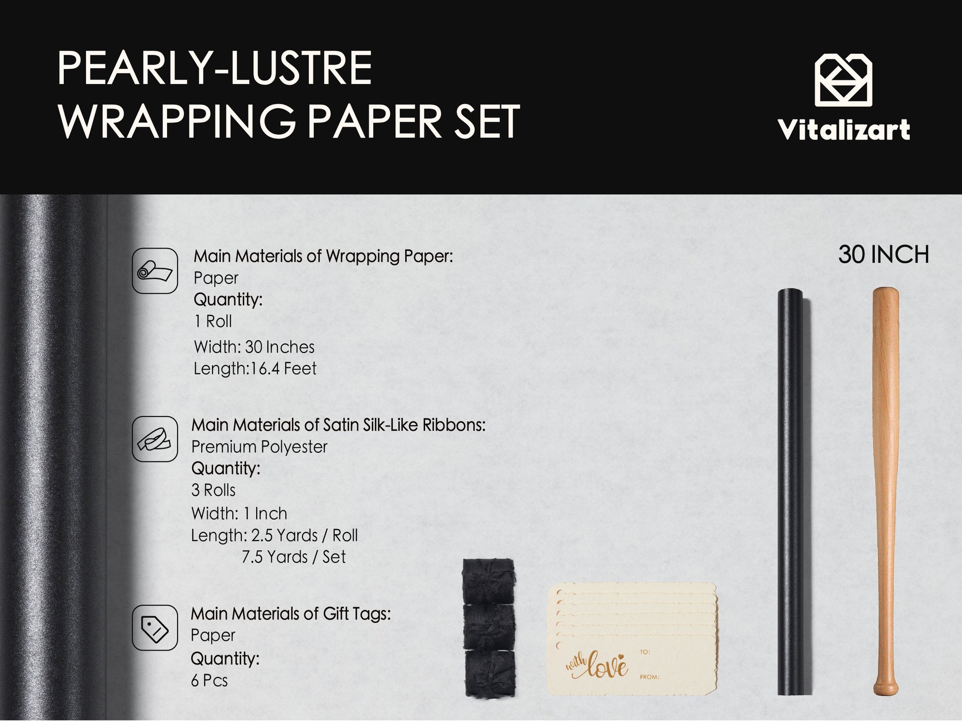Wrapping Paper Set 30"x197" Pearly - Lustre With Silk Like Satin Ribbon & Gift Tags (Black Paper & Black Ribbons) - Vitalizart