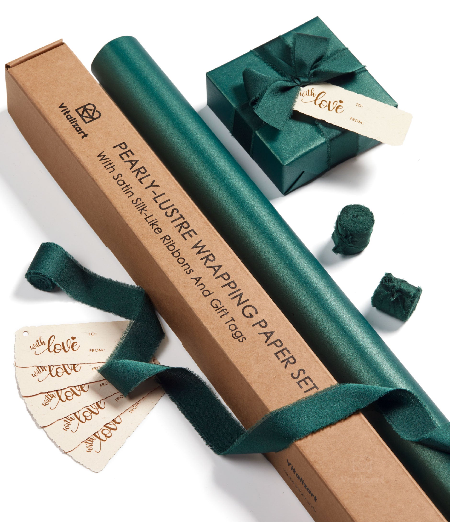Wrapping Paper Set 30"x197" Pearly - Lustre With Silk Like Satin Ribbon & Gift Tags (Green Paper & Green Ribbons) - Vitalizart
