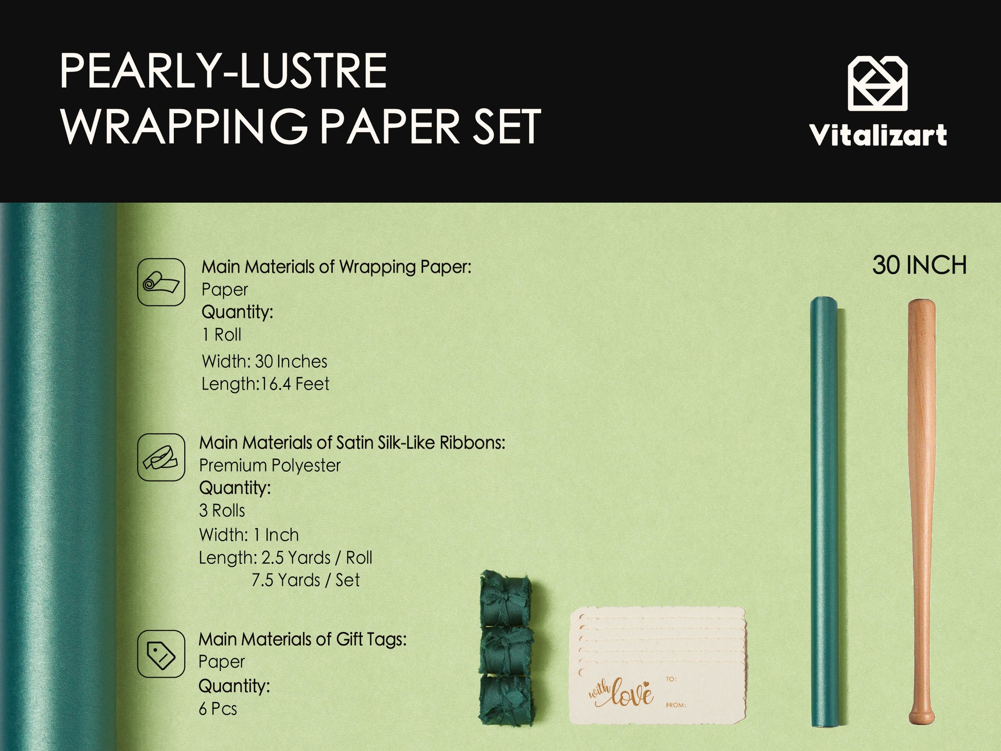 Wrapping Paper Set 30"x197" Pearly - Lustre With Silk Like Satin Ribbon & Gift Tags (Green Paper & Green Ribbons) - Vitalizart