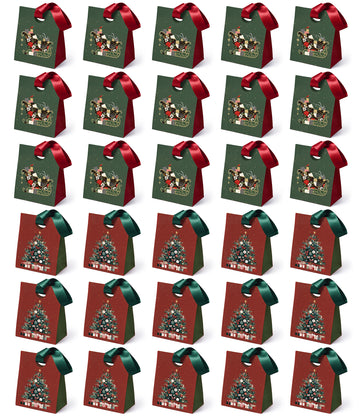 Christmas Small Paper Gift Bags with Ribbon Handles — Set of 30