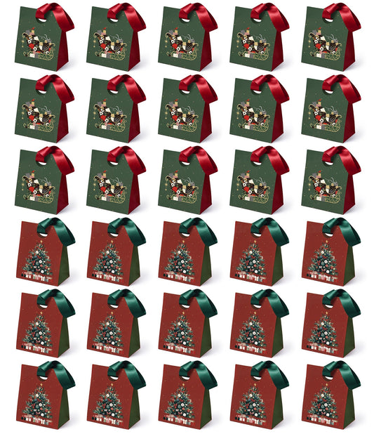 Christmas Small Paper Gift Bags with Ribbon Handles — Set of 30 - Vitalizart