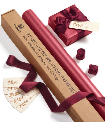 Wrapping Paper Set 30"x197" Pearly-Lustre With Silk Like Satin Ribbon & Gift Tags (Burgundy Paper & Burgundy Ribbons)