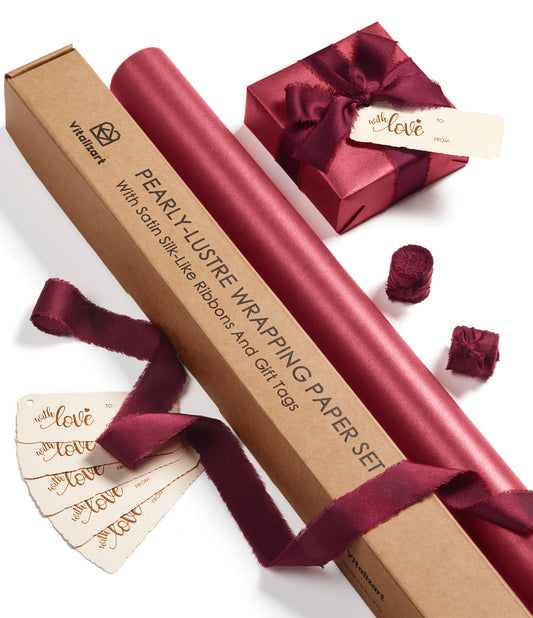 Wrapping Paper Set 30"x197" Pearly-Lustre With Silk Like Satin Ribbon & Gift Tags (Burgundy Paper & Burgundy Ribbons)