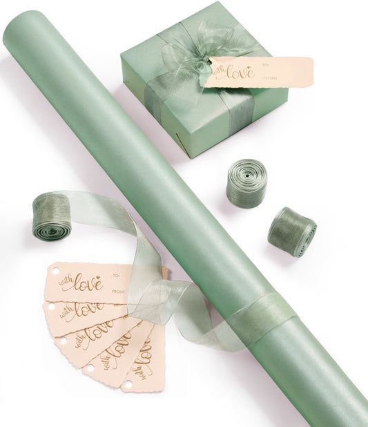 Vitalizart Pearly Wrapping Paper Set 30" × 197" w/ Organza Ribbon & Tags – Sage Green - Vitalizart