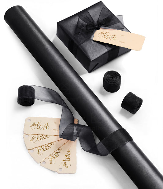 Vitalizart Pearly Wrapping Paper Set 30" × 197" w/ Organza Ribbon & Tags – Black - Vitalizart