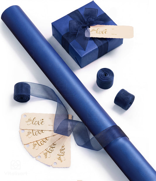 Vitalizart Pearly Wrapping Paper Set 30" × 197" w/ Organza Ribbon & Tags – Navy Blue - Vitalizart