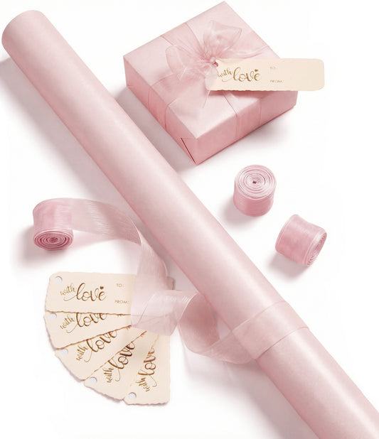 Vitalizart Pearly Wrapping Paper Set 30" × 197" w/ Organza Ribbon & Tags – Pink - Vitalizart