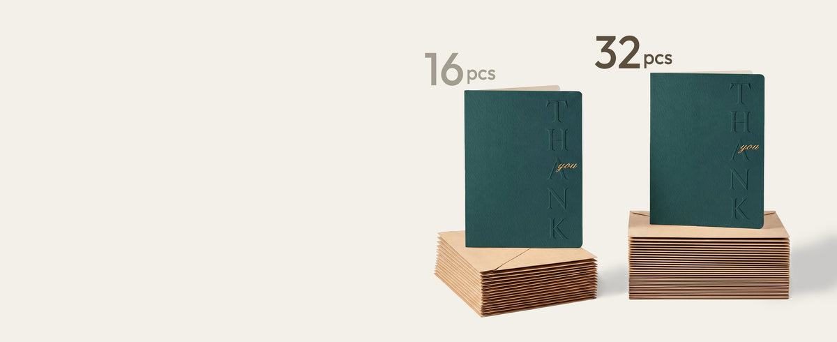 Blue, green, sage, and gray thank you card set displayed with related card and envelope color options