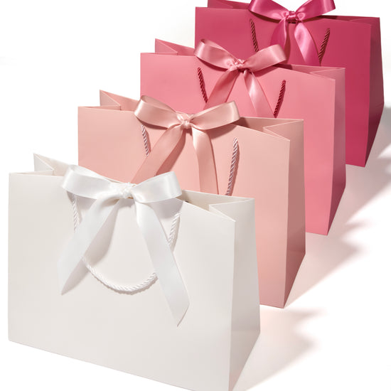 Vitalizart Paper Gift Bags With Ribbon Handles Set of 4 Pink Bulk Reusable For Gift Wrap 13" x10"x5"Large Size(Pink & Cream) - Vitalizart