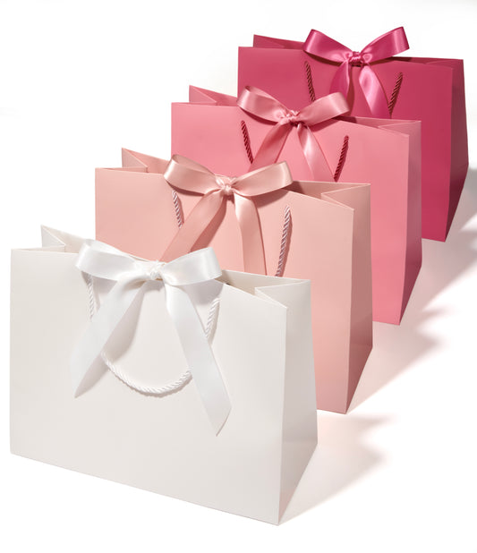Vitalizart Paper Gift Bags With Ribbon Handles Set of 4 Pink Bulk Reusable For Gift Wrap 13" x10"x5"Large Size(Pink & Cream) - Vitalizart