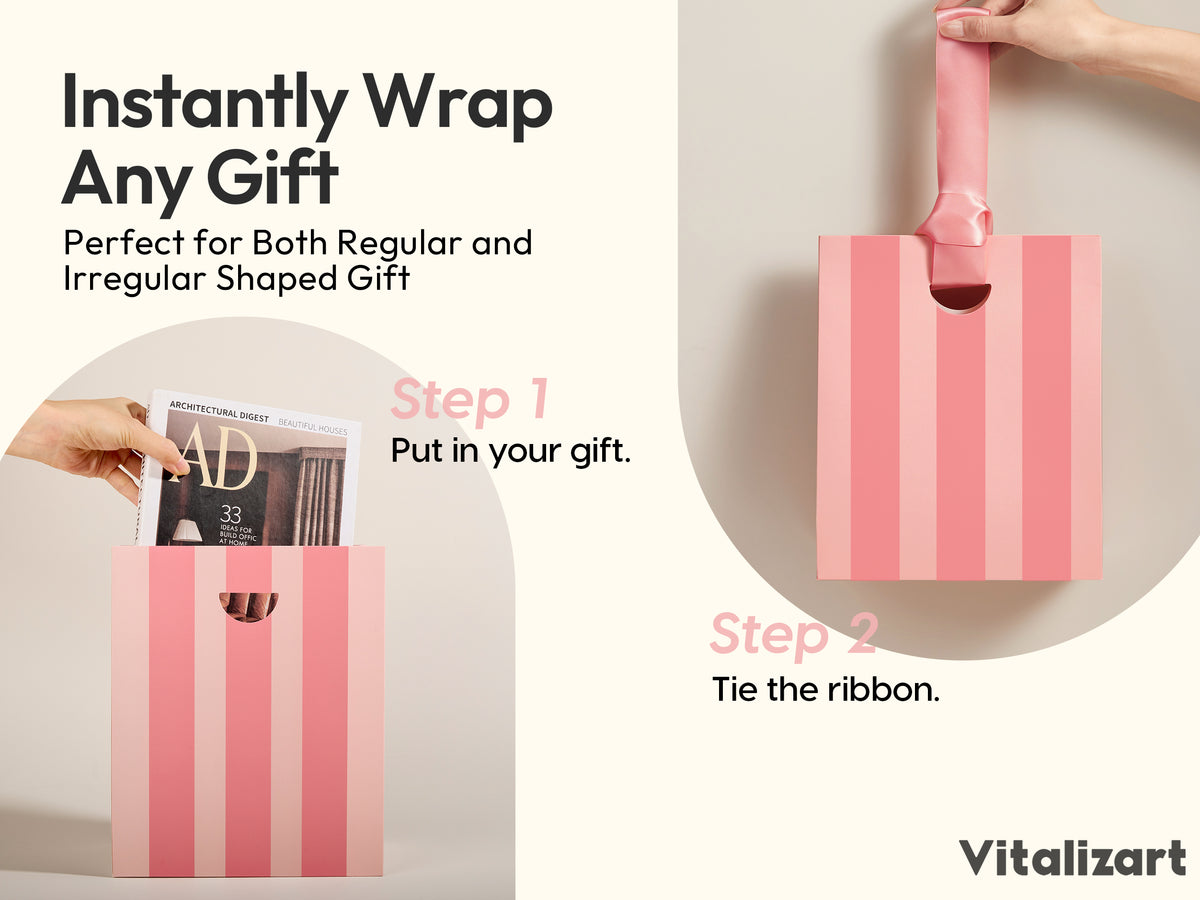 Mixed-Color Striped Paper Medium Gift Bags with Ribbon Handles — Set of 10 - Vitalizart