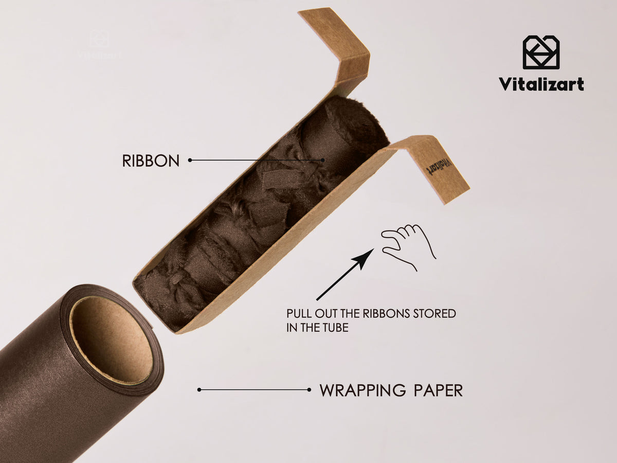 Wrapping Paper Set 17"x197" Pearly-Lustre With Silk Like Satin Ribbon & Gift Tags (Brown Paper & Brown Ribbons) - Vitalizart