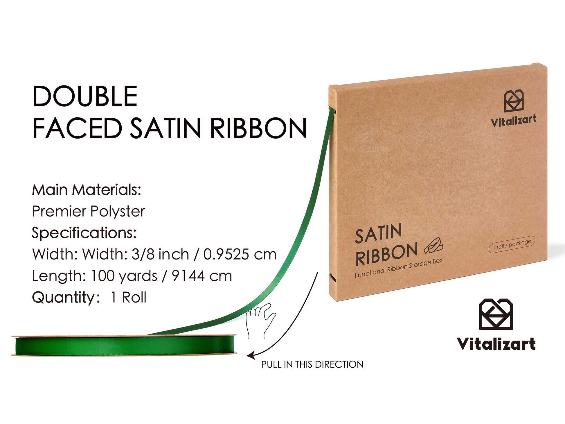 Ribbon for Crafts Double Faced Functional Satin Ribbon 3/8" x 100Yd (Green) - Vitalizart