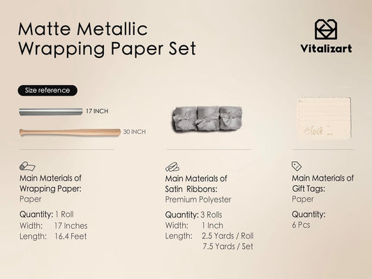 Wrapping Paper Set 17"x197" Matte Metallic With Silk Satin Ribbon & Gift Tags for Baby(Silver Paper & Silver Ribbons)