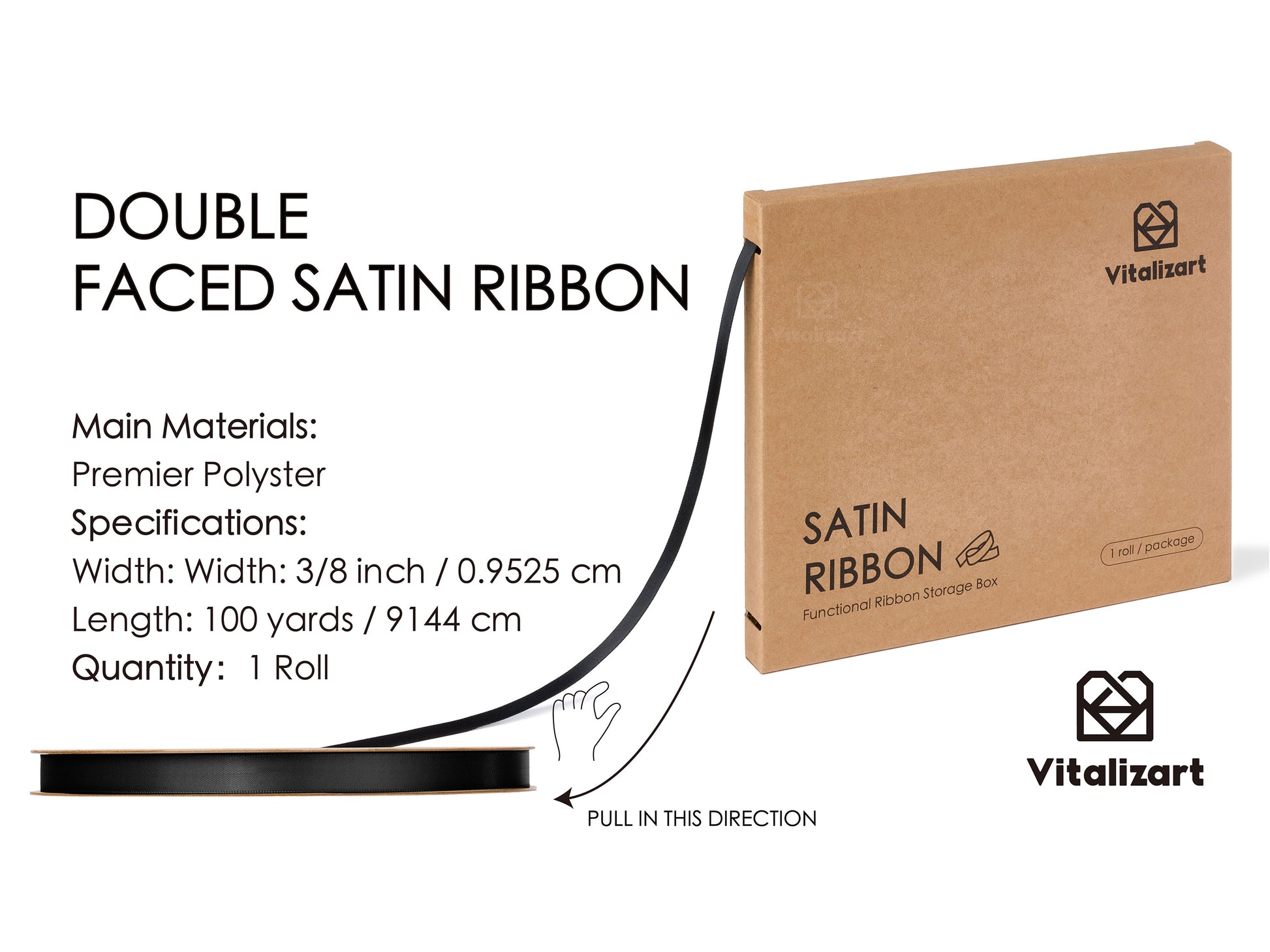 Ribbon for Crafts Double Faced Functional Satin Ribbon 3/8" x 100Yd (Black) - Vitalizart
