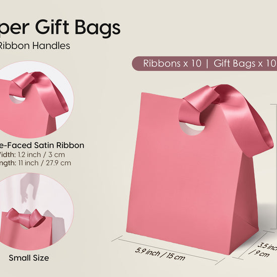 VITALIZART PAPER GIFT BAGS WITH RIBBON HANDLES SET OF 10 RED BULK REUSABLE FOR GIFT WRAP 5.91"X3.54"X7.28" SMALL (PINK COLOR) - Vitalizart