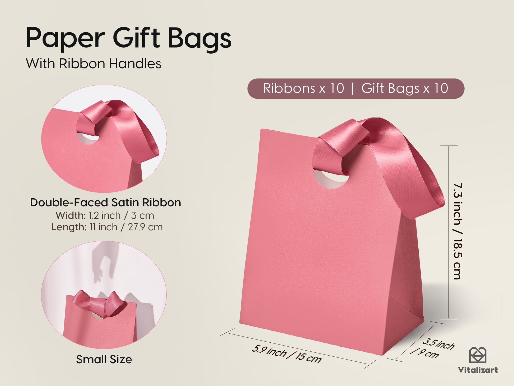 VITALIZART PAPER GIFT BAGS WITH RIBBON HANDLES SET OF 10 RED BULK REUSABLE FOR GIFT WRAP 5.91"X3.54"X7.28" SMALL (PINK COLOR) - Vitalizart