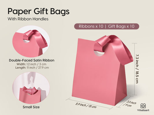 VITALIZART PAPER GIFT BAGS WITH RIBBON HANDLES SET OF 10 RED BULK REUSABLE FOR GIFT WRAP 5.91"X3.54"X7.28" SMALL (PINK COLOR) - Vitalizart
