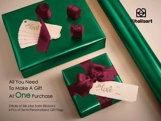WRAPPING PAPER SET 17"X197" MATTE METALLIC WITH SILK SATIN RIBBON & GIFT TAGS FOR BABY (Green paper & red ribbons)