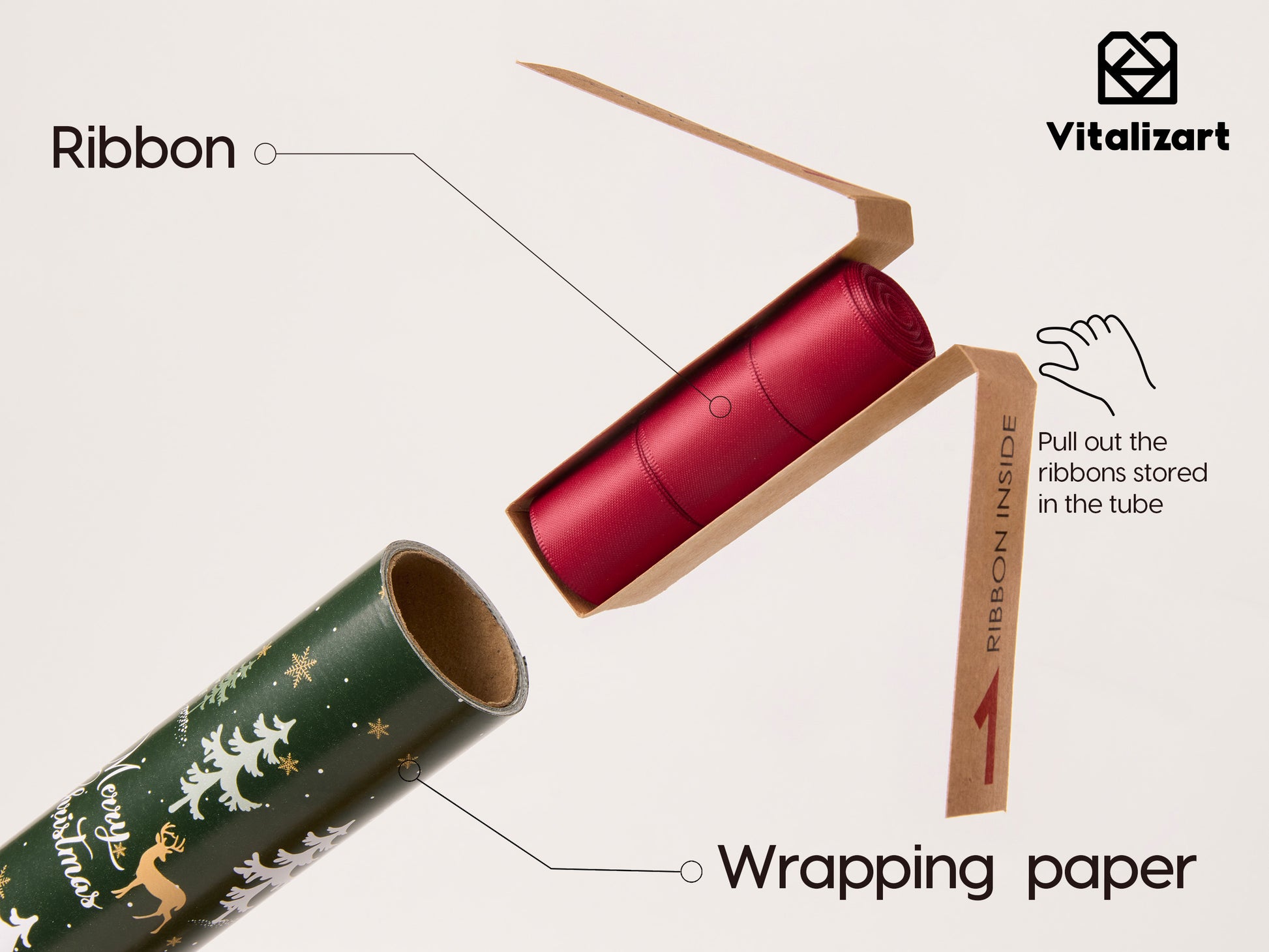 Vitalizart Christmas Wrapping Paper Roll Set 17" With Satin Ribbon & Gift Tags ( Christmas Wrapping Paper Set) - Vitalizart