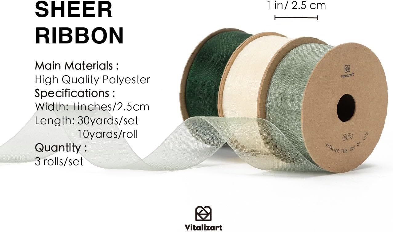 ORGANZA SHEER RIBBON 1“ X 30 YD(Cream White & Green) - Vitalizart