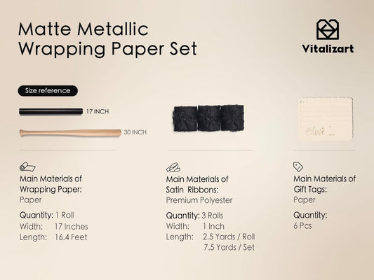 Wrapping Paper Set 17"x197" Matte Metallic With Silk Satin Ribbon & Gift Tags for Baby (Black)