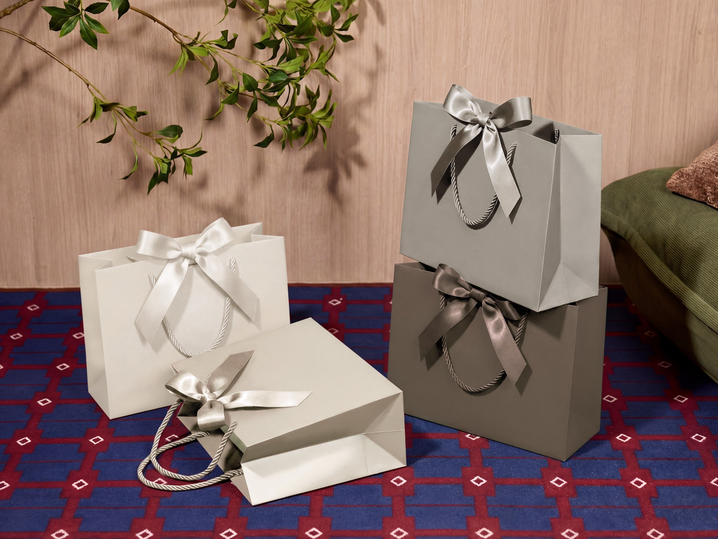 Vitalizart Paper Gift Bags With Ribbon Handles Set of 5 Grey Bulk Reusable For Gift Wrap 13